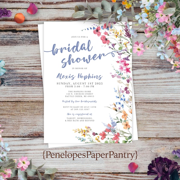 Bright Wildflower Bridal Shower Invitation,Wildflower Bridal Shower Invite,Summer Shower,Personalize,Printed Invitation,Envelope Included