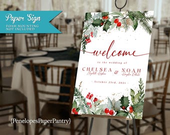Winter Wedding Welcome Sign: Christmas, Red and Green, Holly, Personalized and Printed