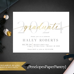 Gold Foil Graduation Party Invitation,Announcement,Commencement,Class of 2024,Unisex,High School,College,Personalize,Printed Card,Envelope