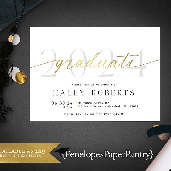 Gold Foil Graduation Party Invitation,Announcement,Commencement,Class of 2024,Unisex,High School,College,Personalize,Printed Card,Envelope