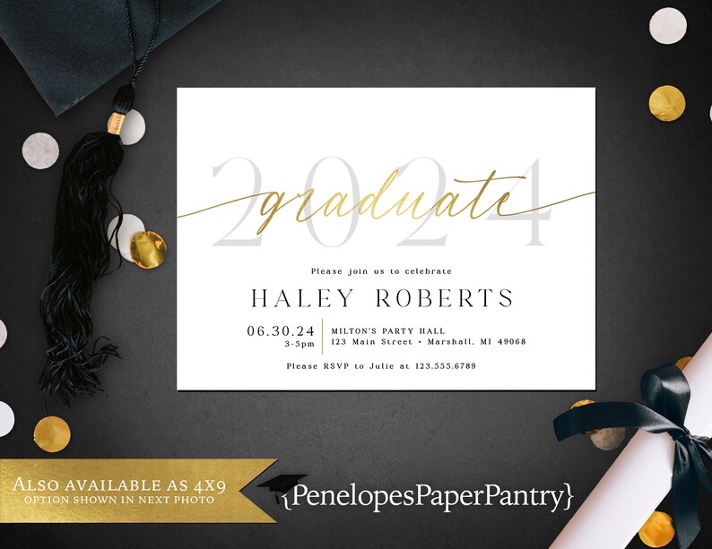 Gold Foil Graduation Party Invitation,Announcement,Commencement,Class of 2024,Unisex,High School,College,Personalize,Printed Card,Envelope 5x7 inches