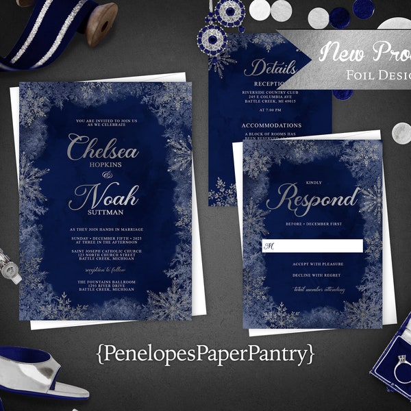 Glam Navy Winter Wedding Invitation,Winter Wedding Invite,Silver,Silver Foil,Silver Snowflakes,Calligraphy,Personalize,Printed Invitations