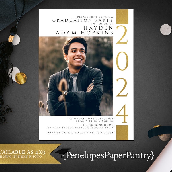 Graduation Announcement,Invitation,Class of 2024,Commencement,Grad Party Invite,Grad Photo Card,Gold Foil,High School,College,Unisex,Custom