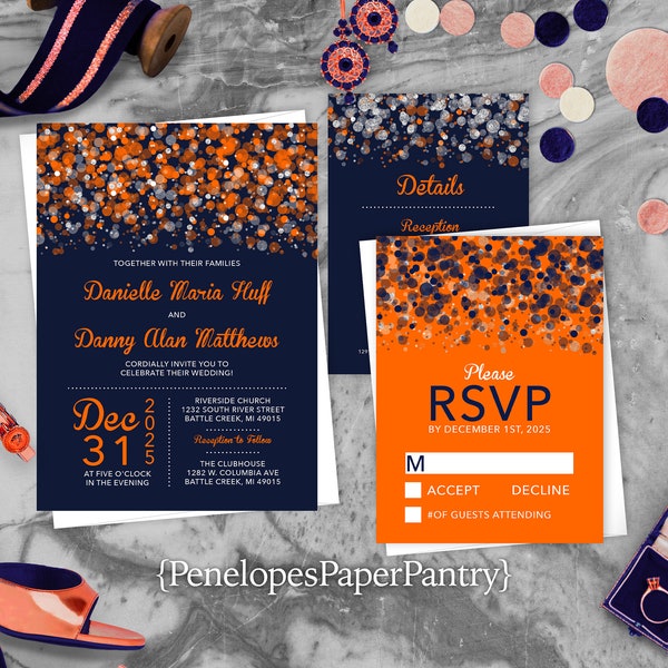 Modern Wedding Invitation,Navy and Orange Wedding Invite,Navy,Orange,Silver,Confetti,Silver Glitter Print,Calligraphy,Personalize,Shimmery