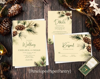 Ivory Winter Wedding Invitation,Winter Wedding Invite,Evergreen Branches,Pine Branches,Pine Cones,Calligraphy,Envelope Included,Personalize