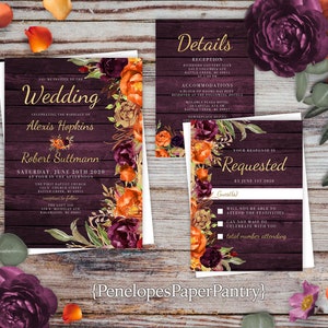 May include: Wedding invitation with a rustic wood background and floral design. The invitation features burgundy and orange flowers with gold accents. The text reads "Wedding" and includes the names Alexis Hopkins and Robert Suttmann, the date and time of the wedding, and the location of the ceremony and reception.
