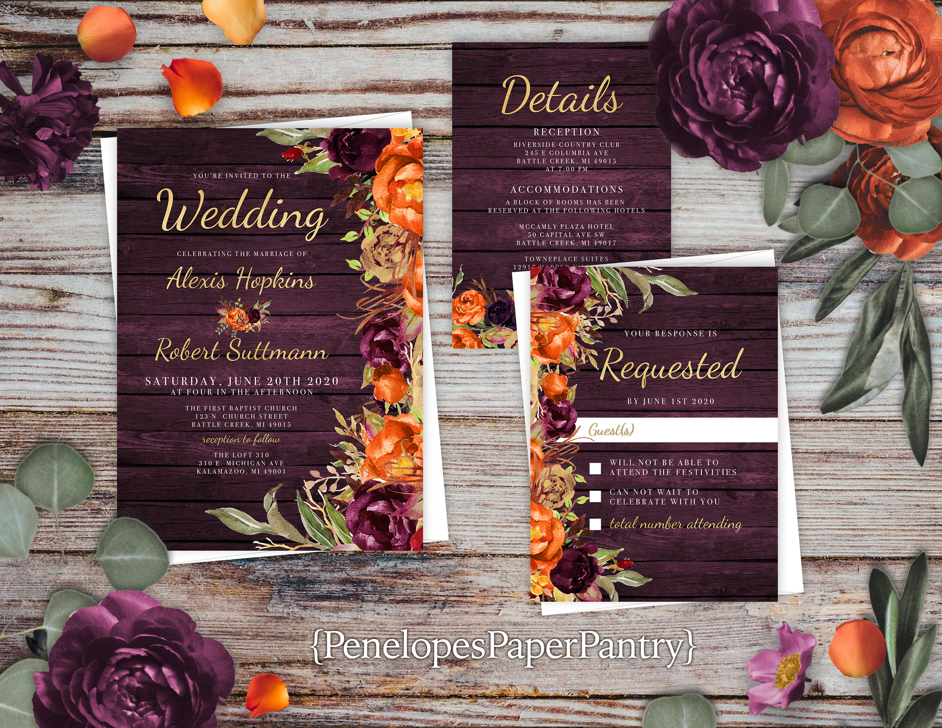 Rustic Purple and Orange Floral Fall Wedding Invitation Personalized Barn  Wood Burnt Orange Roses Gold Print Satin Finish Printed Invitation - Etsy, image size:3000x2318
