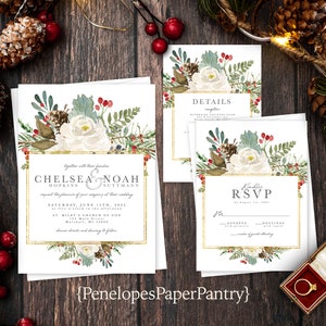 Elegant Floral Winter Wedding Invitation,Winter Wedding Invite,Winter Greenery,Shimmery,Personalized,Printed Invitation,Envelope Included