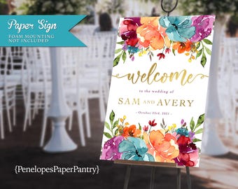 Wedding Welcome Sign: Bright Florals, Gold Calligraphy, Personalized, Printed