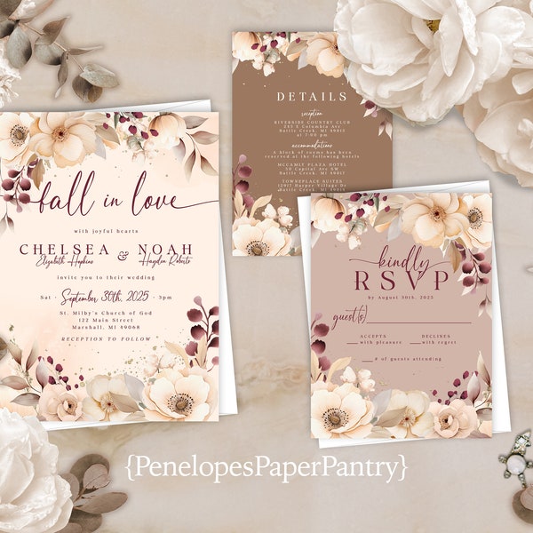 Rustic Neutral Tone Floral Wedding Invitation,Personalized,Fall Wedding Invite,Ivory,Beige,Calligraphy,Printed Invitation,Envelope Included