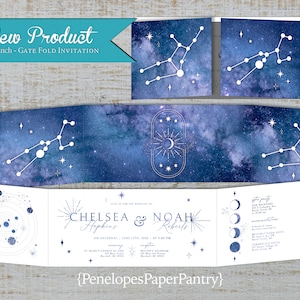 May include: A gate fold invitation with a blue starry night sky background. The invitation features a constellation design and the text "CHELSEA & NOAH Hopkins Roberts" with the date and time of the wedding. The invitation is 4x17.5 inches.