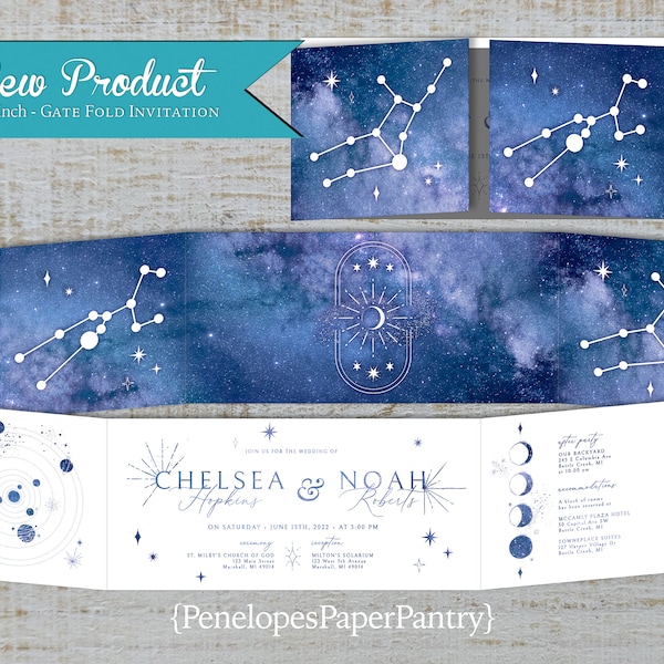 Gatefold Constellation Wedding Invitation,Folded Constellation Wedding Invite,Constellations,Stars,Celestial,Night Sky,Shimmery Invitation