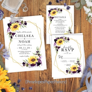 Elegant Sunflower Geometric Frame Summer Wedding Invitation,Sunflowers,Purple Calla Lilly,Gold Print,Shimmery,Printed Invitation,Wedding Set image 1