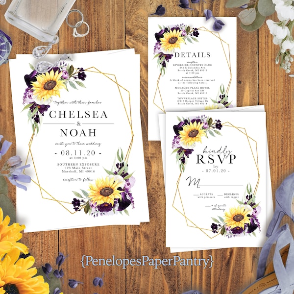 Elegant Sunflower Wedding Invitation,Sunflower Wedding Invite,Sunflowers,Purple Calla Lilly,Geometric Frame,Gold Print,Shimmery Invitation