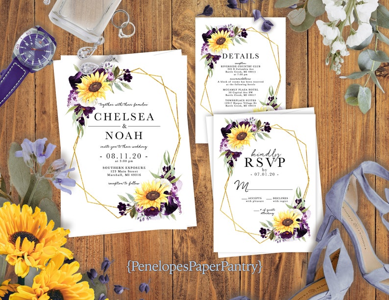 Elegant Sunflower Geometric Frame Summer Wedding Invitation,Sunflowers,Purple Calla Lilly,Gold Print,Shimmery,Printed Invitation,Wedding Set image 1