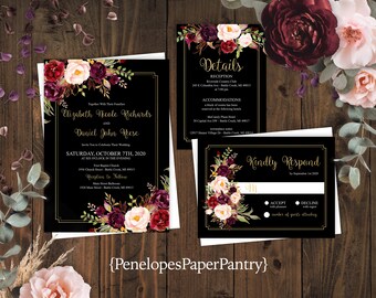 Elegant Floral Wedding Invitation,Fall Wedding Invite,Burgundy and Blush Roses,Gold Print,Shimmery Invite,Envelope Included,Printed Invite
