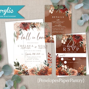 Fall Wedding Suite Acrylic Invitation Burnt Orange Terracotta Floral Calligraphy Design Modern Transparent Love Ceremony Announcement Boho Elegant Bride Custom Stationery Template Contemporary Autumn Wedding Invites Rustic Theme Unique