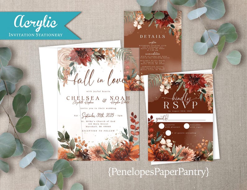 Fall Wedding Suite Acrylic Invitation Burnt Orange Terracotta Floral Calligraphy Design Modern Transparent Love Ceremony Announcement Boho Elegant Bride Custom Stationery Template Contemporary Autumn Wedding Invites Rustic Theme Unique