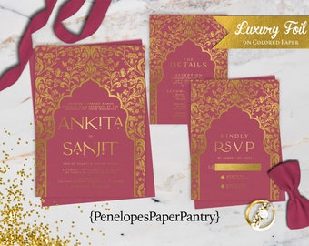 India Theme Magenta and Gold Foil Wedding Invitation,Magenta,Gold Foil,Wedding Invite,India Invite,Gold Foil Print,Magenta Envelope Included