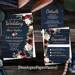 Rustic Navy Floral Fall Wedding Invitation Personalized Barn Wood Burgundy Blush Roses Gold Print Satin Printed Invitations With Envelopes