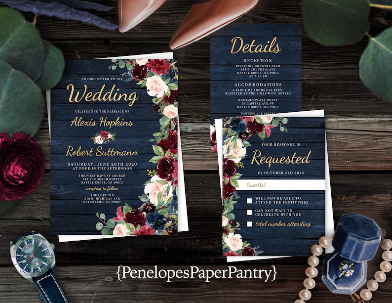 Rustic Navy Floral Fall Wedding Invitation,Burgundy,Blush,Navy Blue,Roses,Barn Wood,Gold Print,Shimmery,Printed Invitation,Wedding Set