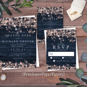 Rustic Navy and Pink Wedding Invitation,Personalized,Summer Wedding Invite,Rustic Wood,Pink Bubble Lights,Shimmery Invite,Envelope Included