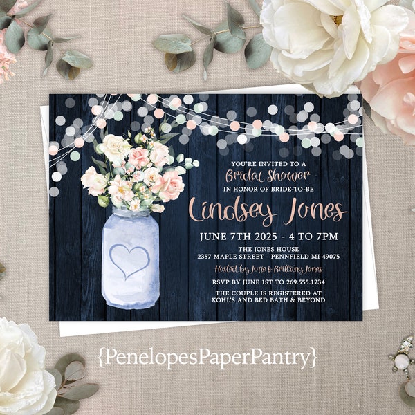 Rustic Bridal Shower Invitation,Rustic Summer Invite,Rustic Navy Wood,Mason Jar,Blush Floral Bouquet,Fairy Lights,Envelope Included,Printed