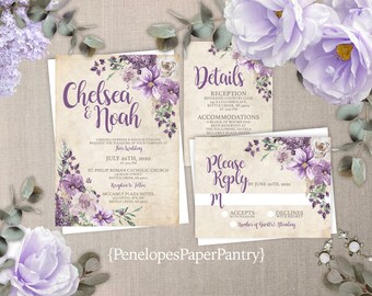 Rustic Lavender Floral Wedding Invitation,Lavender Floral Wedding Invite,Lavender Rose,Parchment,Calligraphy,Envelope Included,Custom Invite