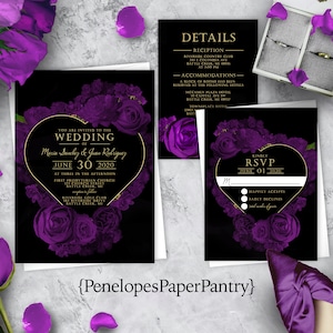Elegant Purple Rose Wedding Invitation Personalized Heart Wreath Gold Print Calligraphy Satin Finish Printed Invitations With Envelopes