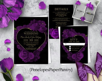 Elegant Wedding Invitation,Purple Roses,Purple Rose Wreath,Calligraphy,Gold Print,Personalize,Classic,Envelope,Shimmery,Printed Invitation