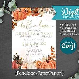 Puede incluir: Una invitación de boda digital con temática otoñal. El diseño presenta calabazas naranjas, detalles florales y el texto "Fall in Love". La invitación incluye los nombres Chelsea y Noah, detalles de la boda y el texto "Digital Download".