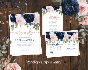 Navy and Blush Floral Summer Wedding Invitation,Summer Wedding Invite,Navy Blue,Blush,Rose Gold,Shimmery,Personalize,Printed Invitation