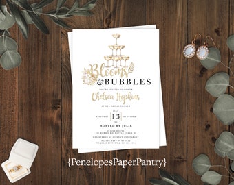 Brunch and Bubbly Bridal Shower Invitation,Summer Bridal Shower Invite,Gold Print,Gold Calligraphy,Shimmery Invitation,Envelope Included