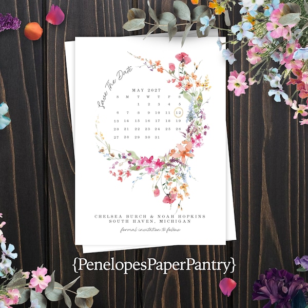 Summer,Floral,Save The Date,Save The Date Card,Save The Date Cards,Calendar,Wildflowers,Pink,Blue,Personalize,Printed Card,Envelope Included