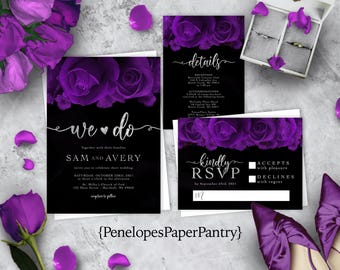 Purple Rose Wedding Invitation Suite: Silver Calligraphy Print, Personalized and Printed with Envelopes