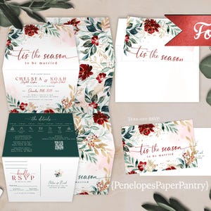 Carte postale RSVP de faire-part de mariage élégant tout-en-un en accordéon vert rouge à trois volets