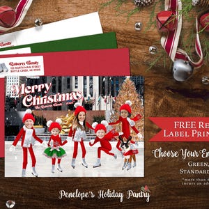 Funny Elf Christmas Family Photo Card Personalized Ice Skating Elves Rockefeller Center Printed Cards Envelopes Included Matching Back Print