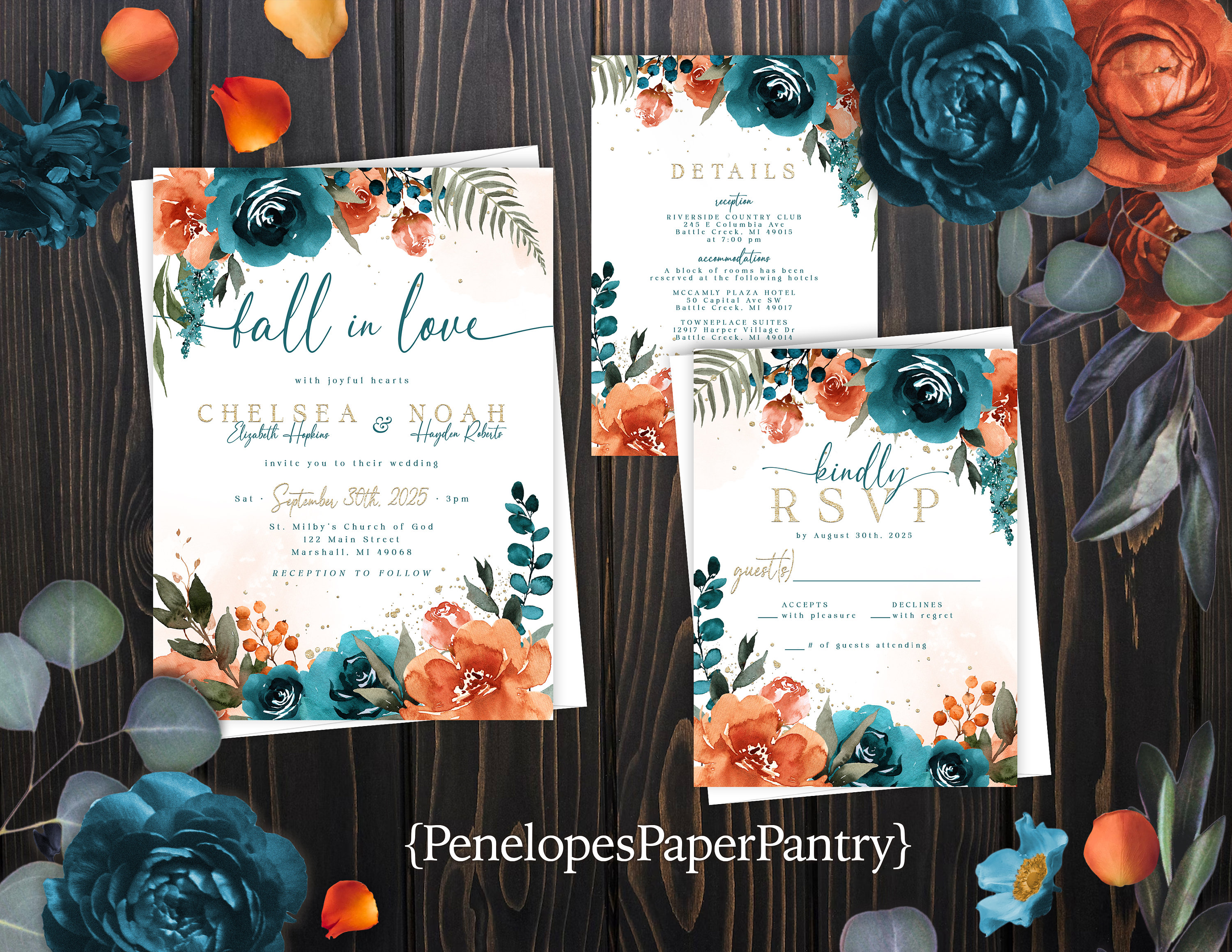 Elegant Floral Fall Wedding Invitation Personalized Teal Burnt Orange Roses  Fall In Love Calligraphy Printed Invitations Envelopes Included - Etsy  México, image size:3000x2318
