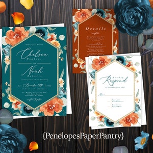 Elegant Teal Fall Wedding Invitation,Fall Wedding Invite,Burnt Orange,Fall Florals,Geometric Frame,Personalize,Printed Invitation,Envelope