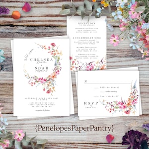 Wildflower,Summer Wedding Invitation,Summer Wedding Invite,Bright Wildflowers,Wildflower Wreath,Personalize,Printed Invitation,Envelope