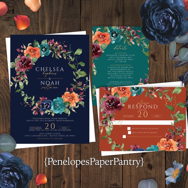 Jewel Tones Floral Fall Wedding Invitation,Fall Wedding Invite,Navy,Burnt Orange,Teal,Plum,Gold,Personalize.Printed Invitation,Envelope