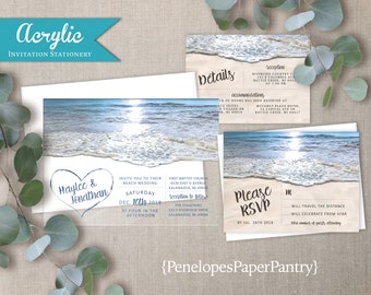 Acrylic,Beach Wedding Invitation,Acrylic Invitation,Thick Acrylic,Heart In Sand,Printed Acrylic,Personalize,Envelope,Optional RSVP Card