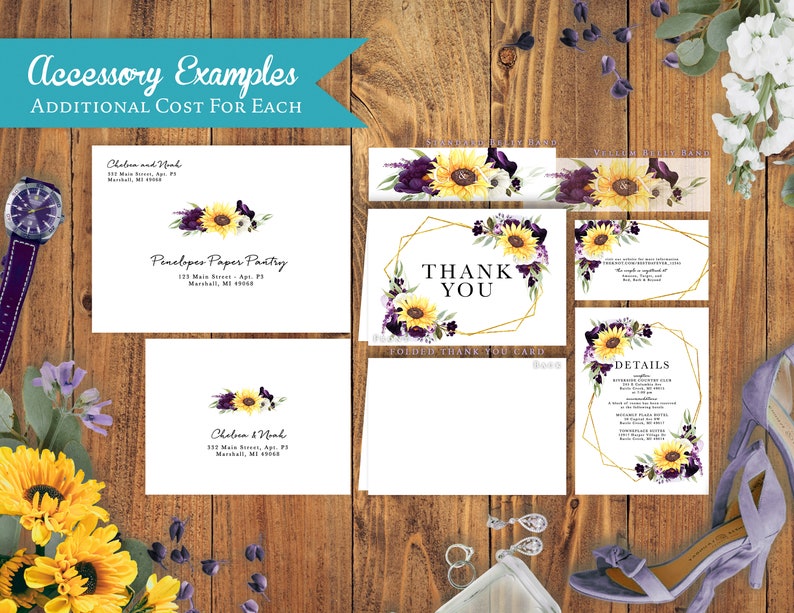 Elegant Sunflower Geometric Frame Summer Wedding Invitation,Sunflowers,Purple Calla Lilly,Gold Print,Shimmery,Printed Invitation,Wedding Set image 2