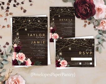 Rustic Floral Fall Wedding Invitation,Fall Wedding Invite,Berry,Blush,Mason Jar Lights,Barn Wood,Shimmery,Personalize,Printed Invitation