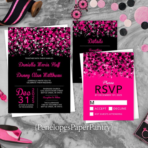 Chic Hot Pink and Black Wedding Invitation,Hot Pink,Black,Wedding Invite,Confetti,Splatter Print,Shimmery Invitation,Envelope Included