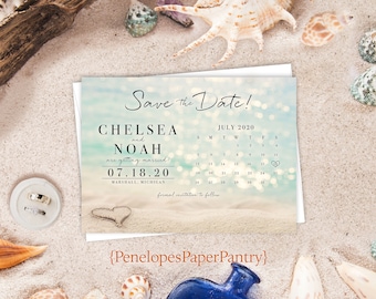 Beach Wedding Save The Date,Beach Save Our Date,Beach Save The Date Card,Calendar Card,Heart In The Sand,Shimmery Cards,Envelope Included