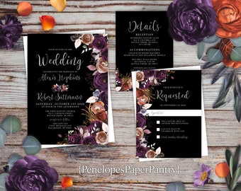 Burnt Orange and Plum Floral Fall Wedding Invitation,Fall Wedding Invite,Black,Silver Print,Shimmery,Personalize,Printed Invitation,Envelope