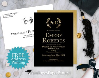 PhD Graduation Announcement Invitation: Black Gold Doctor of Philosophy Personalized (Printed Envelope)