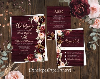 Burgundy Floral Fall Wedding Invitation, Rustic Barn Wood & Blush Roses