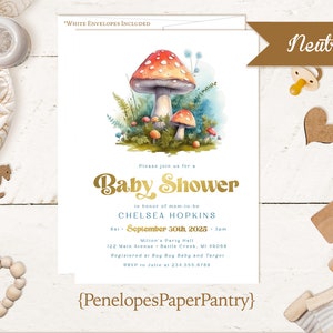 Mushroom Baby Shower Invitation,Mushroom Invitation,Mushroom Baby Shower,Mushrooms,Gold Foil,Calligraphy,Envelope Included,Personalize,5x7
